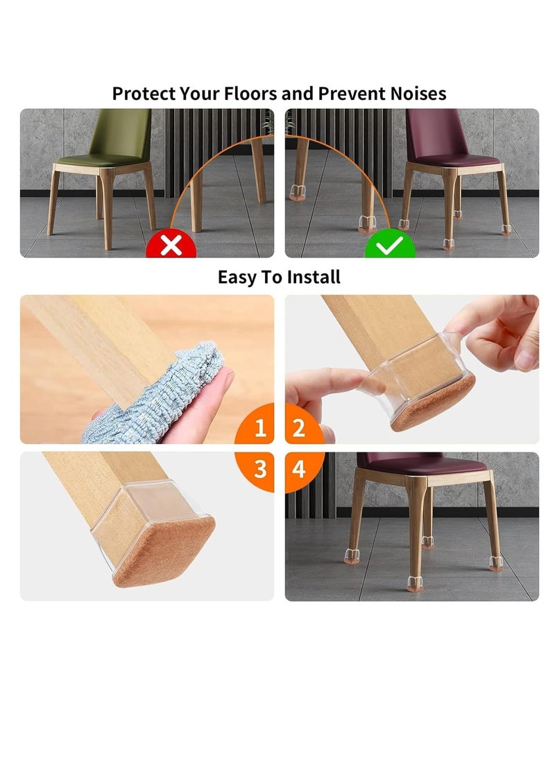 FengSVMA 24 PCS Clear Square Silicone Chair Leg Floor Protectors with Felt, Floor Protectors for Chair, Felt Furniture Pads, Chair Leg Caps Covers, No Scratches and Reduce Noise (Fit: 1.1''–1.45'', Clear) - Image 2