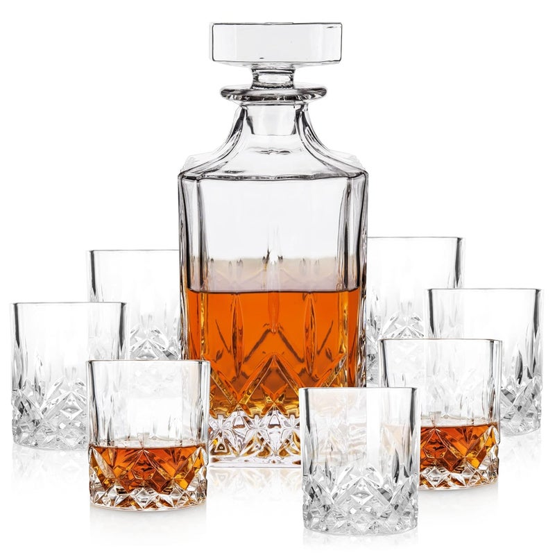 Viski Admiral Decanter and Lowball Glass Set Premium Crystal Glasses for Liquor Scotch and Whiskey Glassware Gift Set of 8 - Image 1