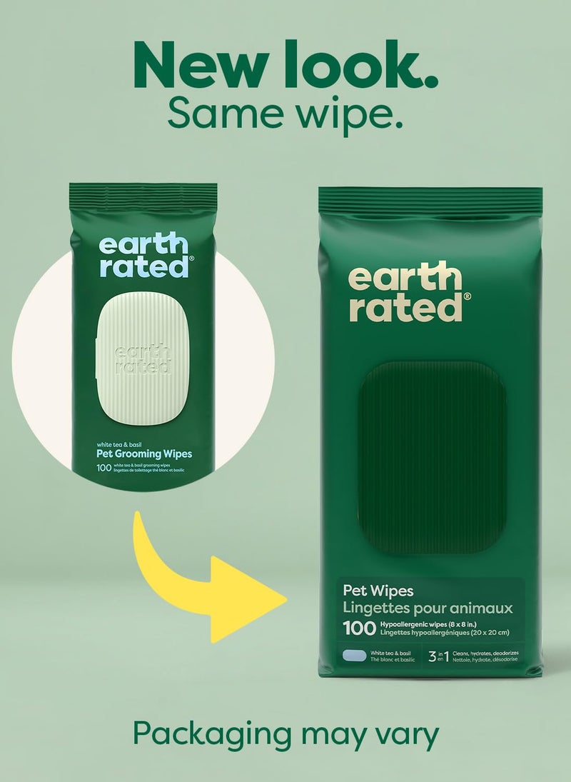 Earth Rated Pet Wipes for Dogs and Cats, Hypoallergenic, 3-in-1 Cleaning, Deodorizing and Hydrating, for Grooming Paws, Body and Butt, New White Tea and Basil Scent, 100 Count - Image 2