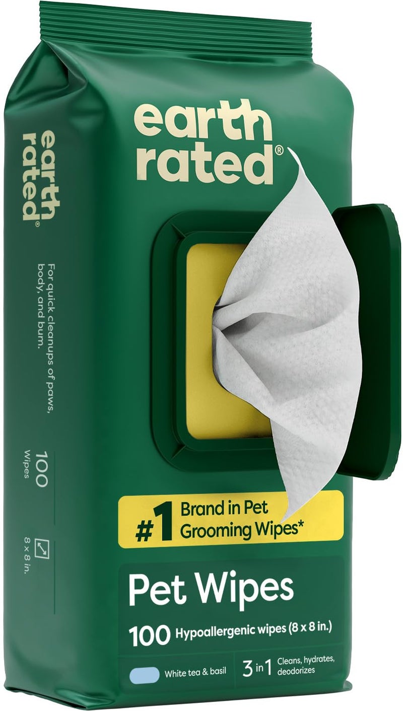 Earth Rated Pet Wipes for Dogs and Cats, Hypoallergenic, 3-in-1 Cleaning, Deodorizing and Hydrating, for Grooming Paws, Body and Butt, New White Tea and Basil Scent, 100 Count - Image 1