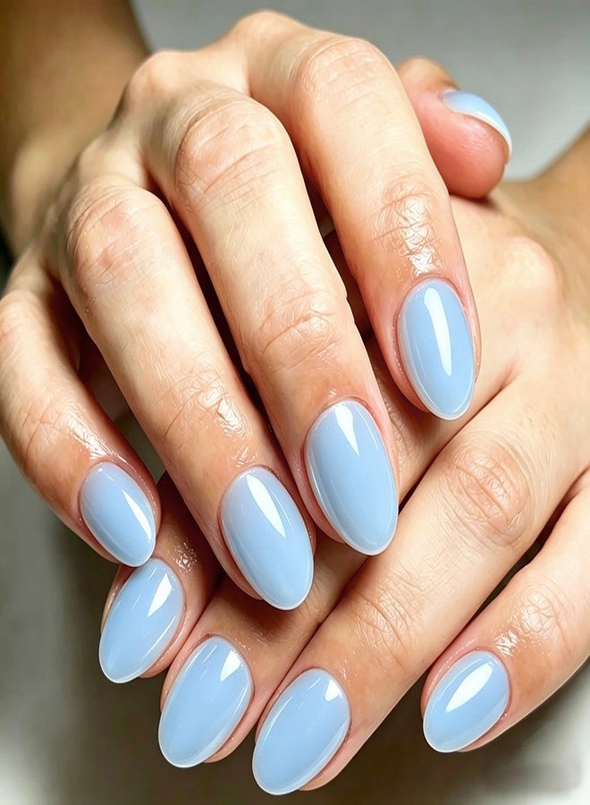 KKUUOO Soft Gel Short Oval Press on Nails, Long-Lasting Reusable Fake Nails Kit with Tabs, 32Pcs Salon-Quality Stick on Nails Full Cover Acrylic False Nails for Women Girls Manicure (Sky Blue) - Image 1