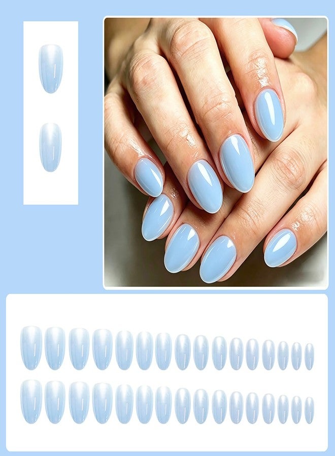 KKUUOO Soft Gel Short Oval Press on Nails, Long-Lasting Reusable Fake Nails Kit with Tabs, 32Pcs Salon-Quality Stick on Nails Full Cover Acrylic False Nails for Women Girls Manicure (Sky Blue) - Image 4