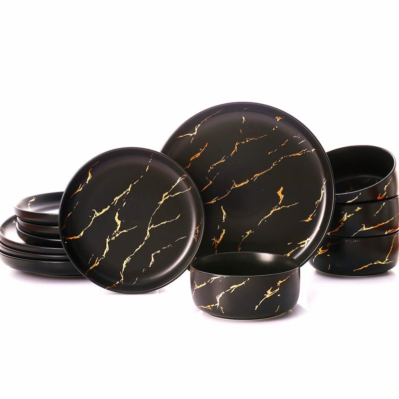 Pokini Black Gold Splash Dinnerware Sets Marble Porcelain Plates and Bowls Sets Modern Luxury Dish Set for 4 12 Pieces Fine China Plates Set for Formal Dinners and Anniversaries