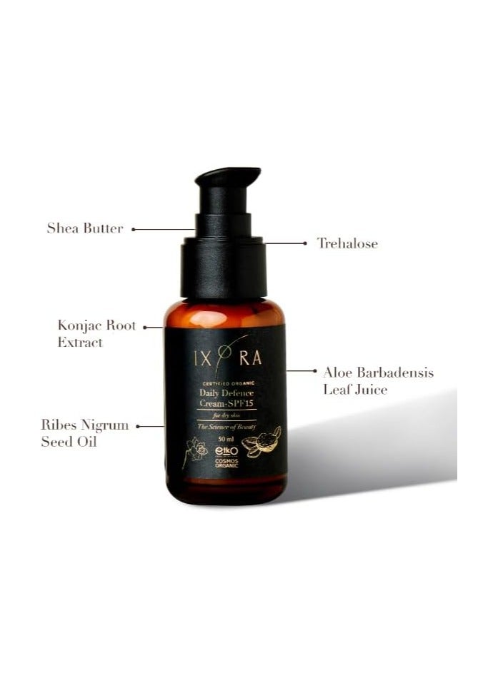 IXORA Daily Defence Face Cream SPF15 - for Dry Skin -Certified Organic - Day Moisturizing Cream for Natural Protection against sun's UV rays with SPF 15 - GMO Free - Vegan friendly - Image 3