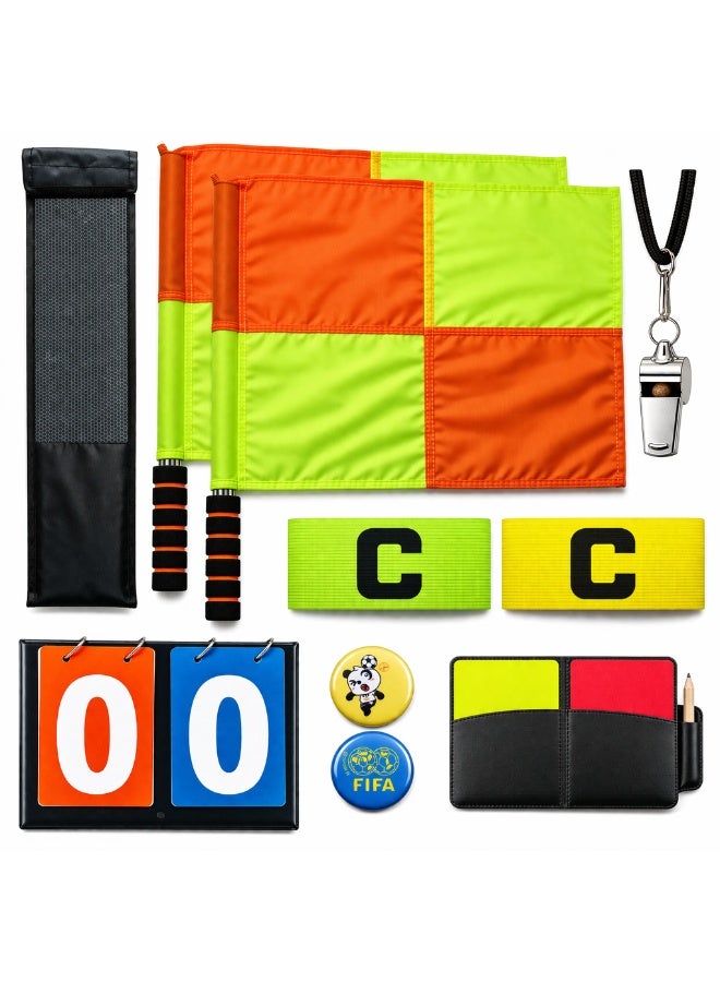 VELARO Soccer Referee Kit 8 PCS, Referee Accessories Set with 2 Linesman Flags, Whistle with Black Lanyard, Captain Armbands, Toss Coin, Red Yellow Cards and Score Notebook - Image 1