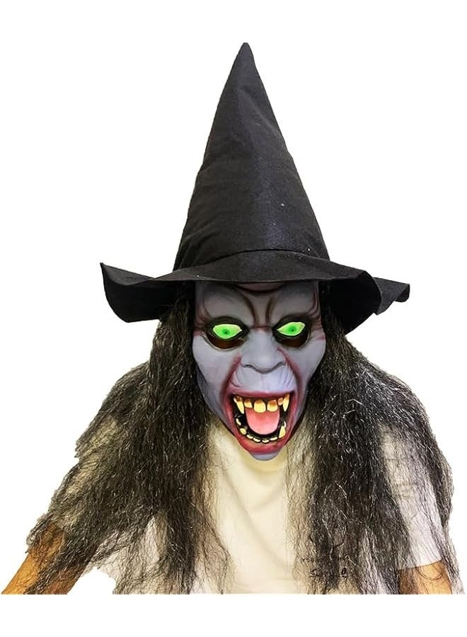 Scary Halloween Witch Mask with Black Long Hair & Hat, Horror Old Woman Evil Masks Costume Latex Green Eyes Hag Full Face Mask Witch Dress up Creepy Adult Party Cosplay Props - Image 4