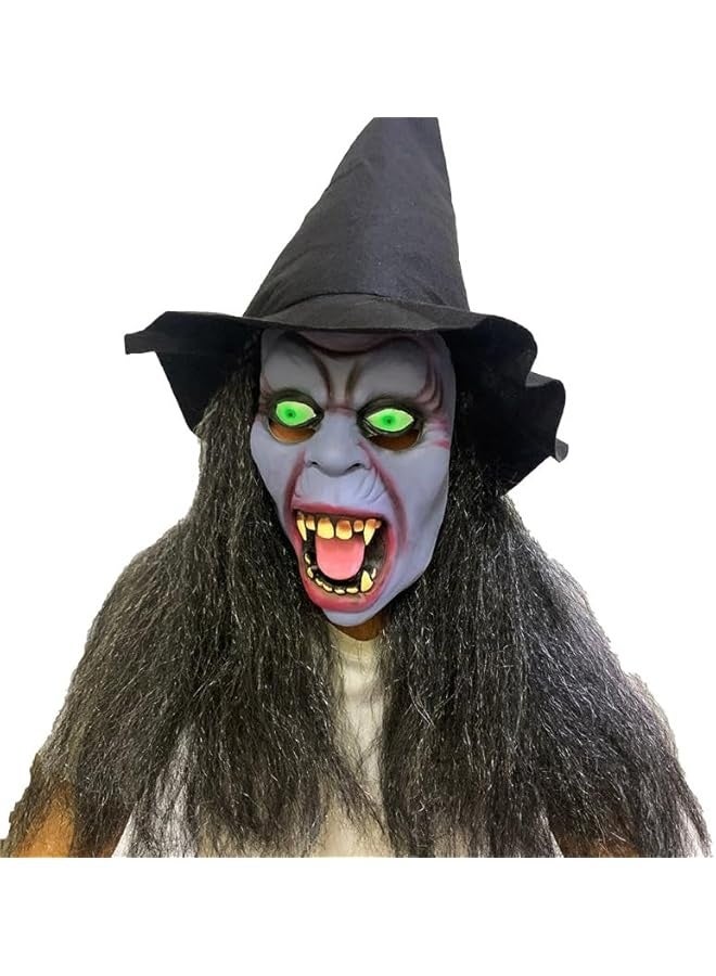 Scary Halloween Witch Mask with Black Long Hair & Hat, Horror Old Woman Evil Masks Costume Latex Green Eyes Hag Full Face Mask Witch Dress up Creepy Adult Party Cosplay Props - Image 5