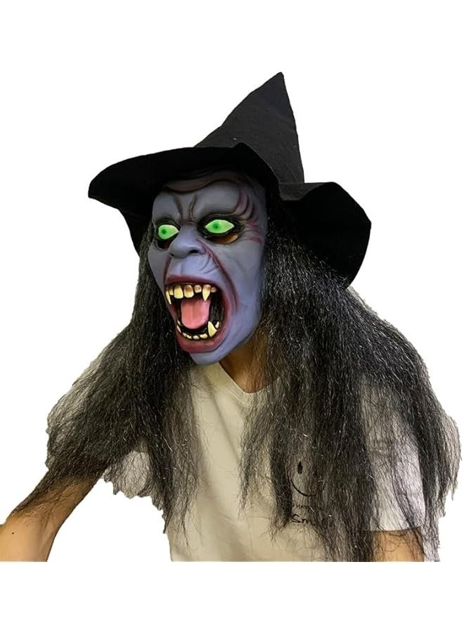 Scary Halloween Witch Mask with Black Long Hair & Hat, Horror Old Woman Evil Masks Costume Latex Green Eyes Hag Full Face Mask Witch Dress up Creepy Adult Party Cosplay Props - Image 3