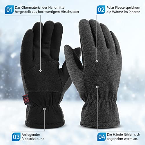 OZERO Deerskin Suede Leather Palm and Polar Fleece Back with Heatlok Insulated Cotton Layer Thermal Gloves, Large - Grey-Black - Image 2