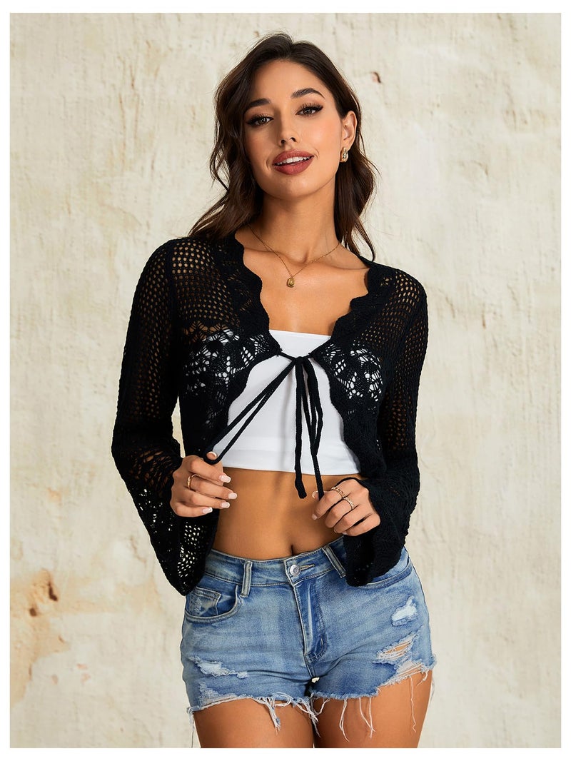 OYOANGLE Women's Crochet Tie Front Sweater Cardigans Bell Sleeve Knitted Cropped Bolero Shrug Cardigan Black Large - Image 5