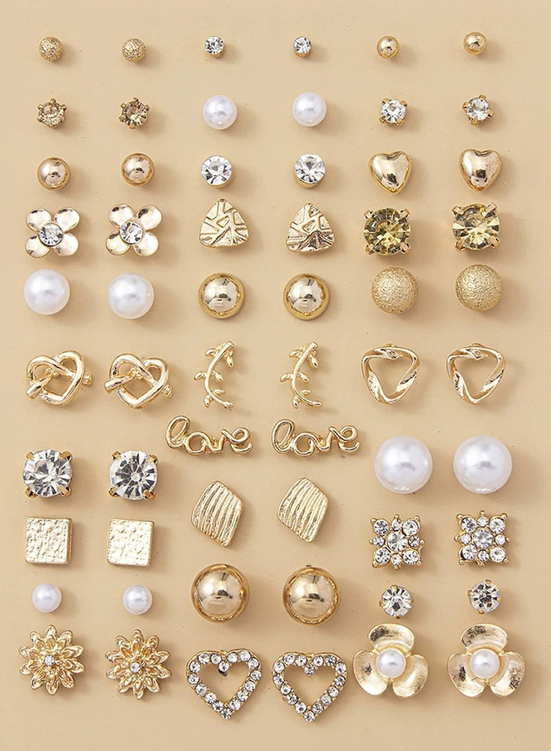 30 Pairs Gold Tone Stud Earrings Set for Women and Girls Pearl, Crystal, Heart, Flower, Love Letter Designs Fashion Jewelry Gift for Daily Wear, Party, Eid, Birthday  - Image 1
