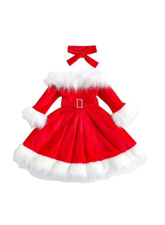 DNOMAID YZARC Toddler Baby Girl Christmas Dress Santa Claus Dress Red Velvet Long Sleeve Princess Tulle Dress Headband Outfit (Red Fluffy, 2-3 Years), Red Fluffy, 2-3 Years - Image 1