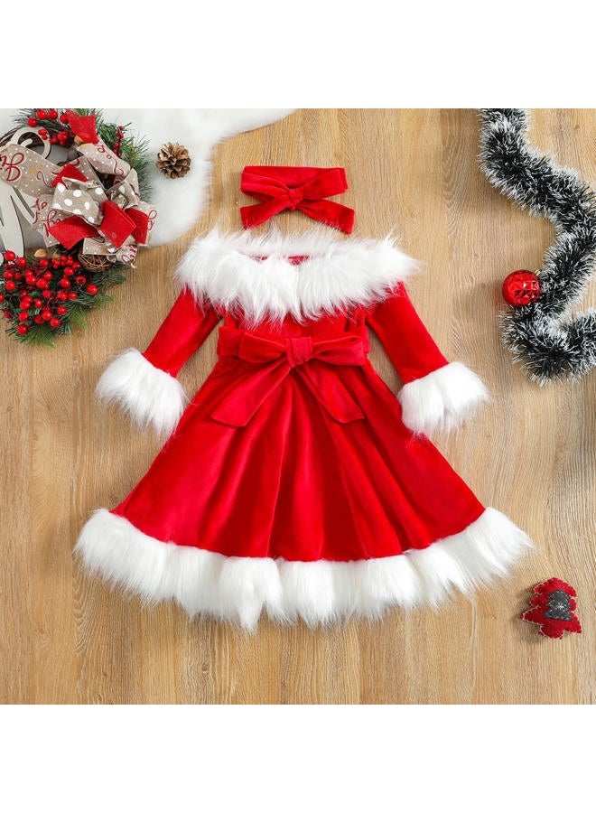 DNOMAID YZARC Toddler Baby Girl Christmas Dress Santa Claus Dress Red Velvet Long Sleeve Princess Tulle Dress Headband Outfit (Red Fluffy, 2-3 Years), Red Fluffy, 2-3 Years - Image 3