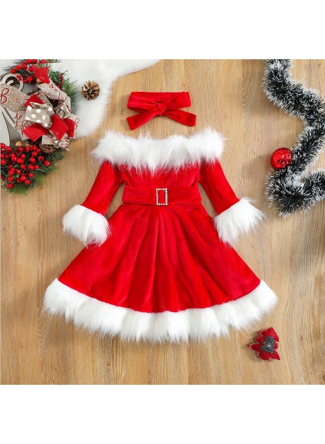 DNOMAID YZARC Toddler Baby Girl Christmas Dress Santa Claus Dress Red Velvet Long Sleeve Princess Tulle Dress Headband Outfit (Red Fluffy, 2-3 Years), Red Fluffy, 2-3 Years - Image 2