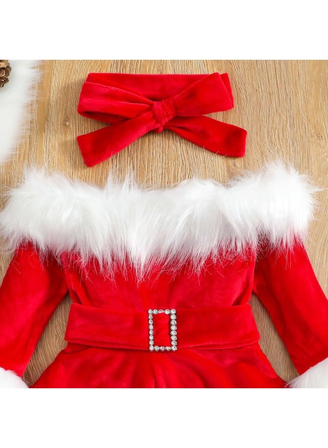 DNOMAID YZARC Toddler Baby Girl Christmas Dress Santa Claus Dress Red Velvet Long Sleeve Princess Tulle Dress Headband Outfit (Red Fluffy, 2-3 Years), Red Fluffy, 2-3 Years - Image 4