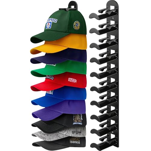 Hatisan Hat Organizer for Baseball Caps Hat Rack for Wall Closet Door Hold up to 10 HatsHat Holder with Adhesive and 4 Screws Hat Hanger Cap Holder Hat Hangers for Wall Closet Door Bedroom1pcBBlack - Image 1