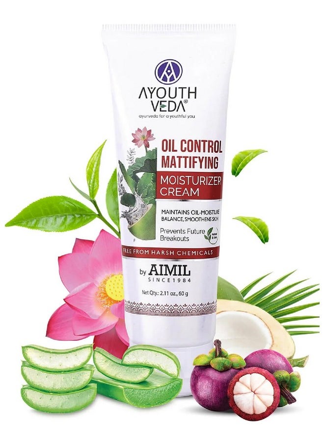 AYOUTHVEDA Oil Control Mattifying Moisturizer Cream | Calms Skin Redness & Prevents Breakouts | Nourishes & Smoothens Skin With Green Tea, Aloevera & Coconut Water (Pack Of 1-60G)  - Image 1