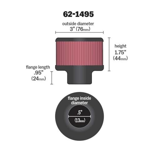 K+N K&N Vent Air Filter/Breather: High Performance, Premium, Washable, Replacement Engine Filter: Flange Diameter: 0.5 in, Filter Height: 1.75 in, Flange Length: 0.9375 in, Shape: Breather, 62-1495 - Image 5