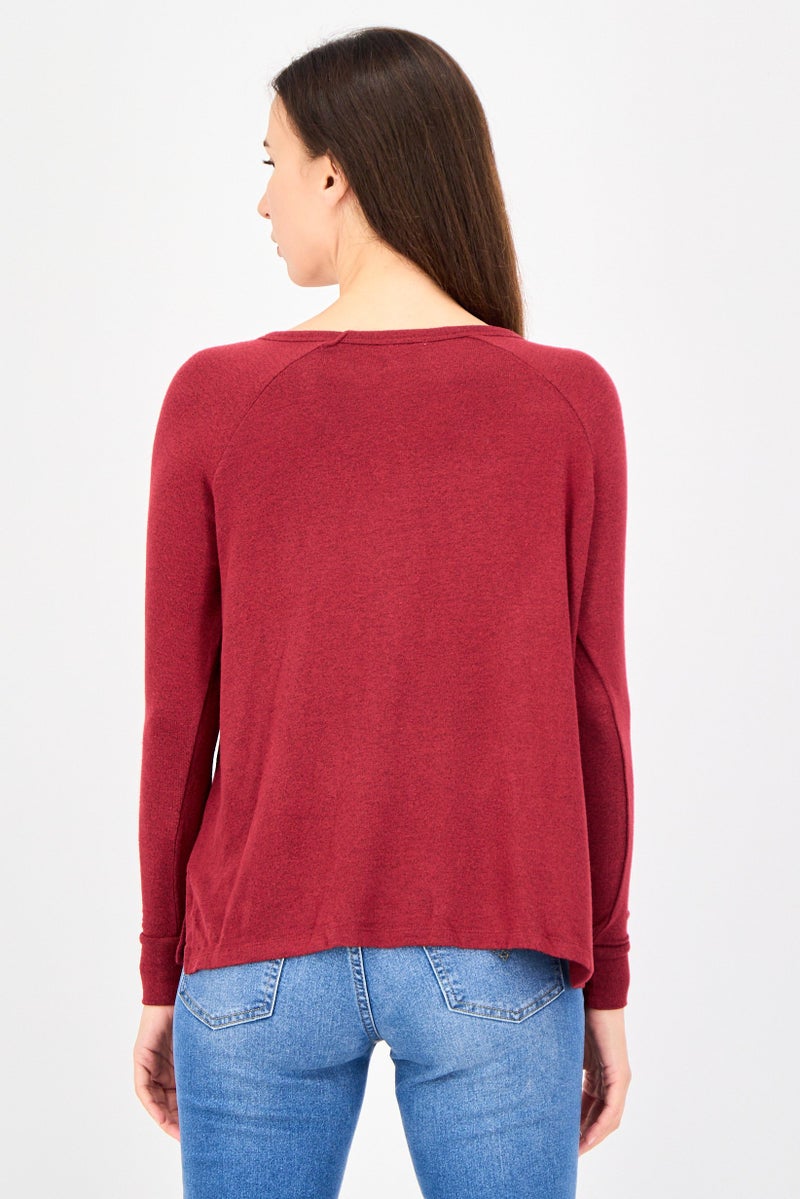 UNDIZ Women Round Neck Long Sleeve Plain Top, Maroon - Image 3