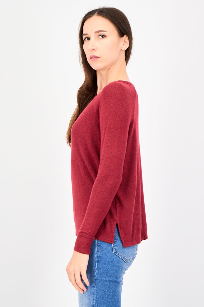 UNDIZ Women Round Neck Long Sleeve Plain Top, Maroon - Image 2