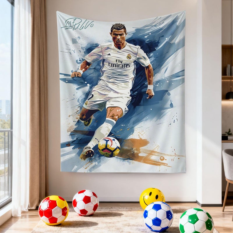 NASKY Cristiano Ronaldo World Cup Soccer Tapestry for Teens Fans - Single-Sided HD Fade-Resistant Print, Machine Washable Polyester, 4 Corner Grommets, Indoor Wall Decor for Bedroom/Living Room, 35.4x47.2 Inches (White) - Image 2