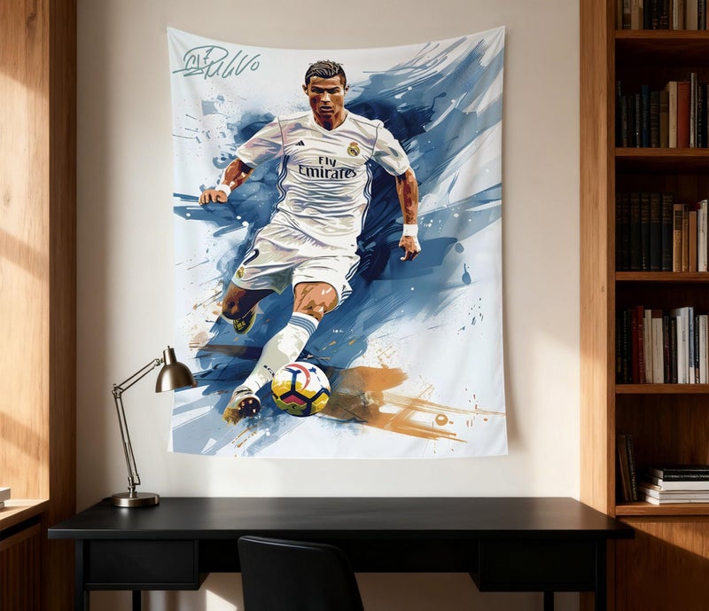 NASKY Cristiano Ronaldo World Cup Soccer Tapestry for Teens Fans - Single-Sided HD Fade-Resistant Print, Machine Washable Polyester, 4 Corner Grommets, Indoor Wall Decor for Bedroom/Living Room, 35.4x47.2 Inches (White) - Image 3