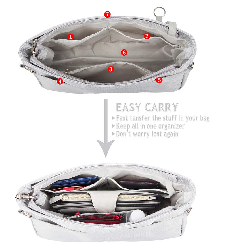 Vercord Expandable Nylon Handbag Purse Organizer Insert Liner Shaper Bag in Bag Beige Grey Large - Image 3