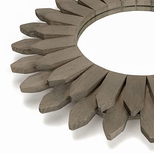 Honiway Farmhouse Wall Decor Mirror 12 inch Sunburst Boho Wood Mirror Rustic Home Decor Room Decoration for Bedroom Living Room Weathered Grey - Image 2