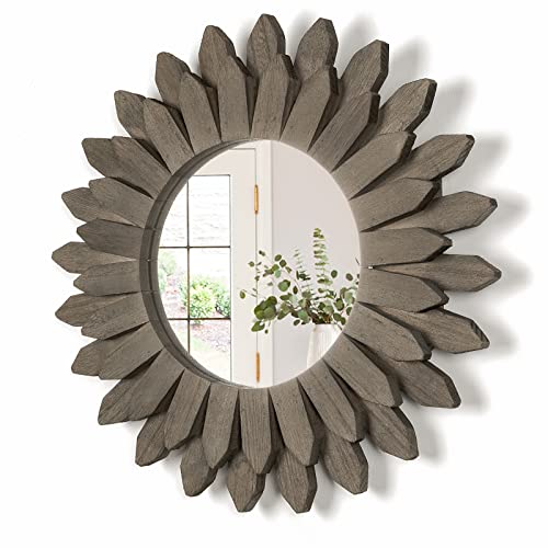 Honiway Farmhouse Wall Decor Mirror 12 inch Sunburst Boho Wood Mirror Rustic Home Decor Room Decoration for Bedroom Living Room Weathered Grey - Image 1
