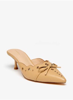 Flora Bella By Shoexpress Women Eyelet Tetxured Slip-On Mules with Bow Applique and Cone Heels  - Image 1