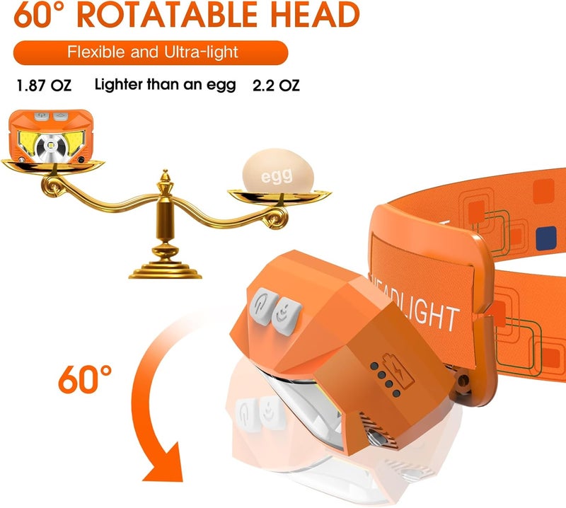 LHKNL Headlamp Flashlight, Lumen Ultra-Light Bright LED Rechargeable Headlight with White Red Light,2-Pack Waterproof Motion Sensor Head Lamp,8 Mode for Outdoor Camping Running Fishing- Orange - Image 5