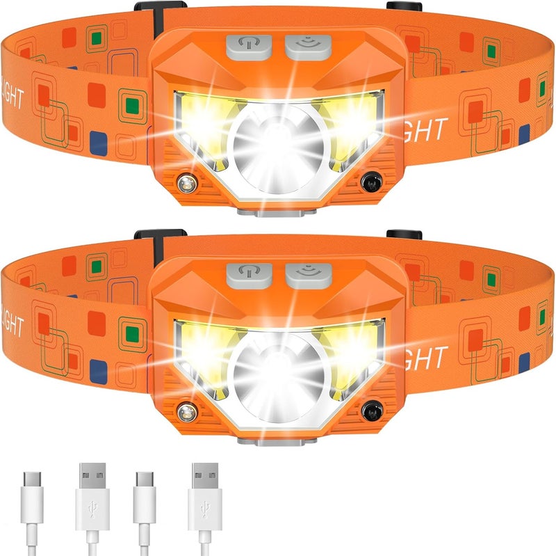 LHKNL Headlamp Flashlight, Lumen Ultra-Light Bright LED Rechargeable Headlight with White Red Light,2-Pack Waterproof Motion Sensor Head Lamp,8 Mode for Outdoor Camping Running Fishing- Orange - Image 1