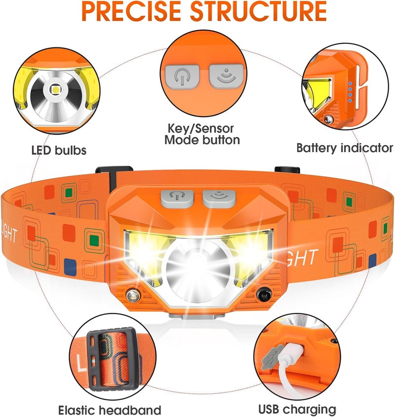 LHKNL Headlamp Flashlight, Lumen Ultra-Light Bright LED Rechargeable Headlight with White Red Light,2-Pack Waterproof Motion Sensor Head Lamp,8 Mode for Outdoor Camping Running Fishing- Orange - Image 2