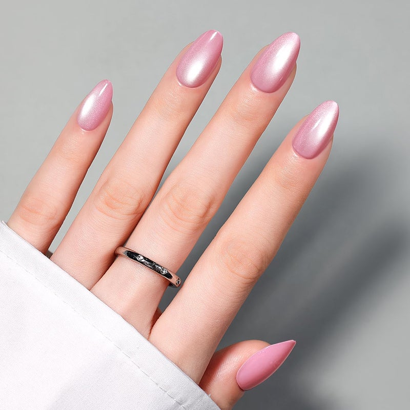 Luxbon Purple Cat Eye Press On Nails 053, with No-Cure Glue, Short Almond Shape Shiny Pearl Texture, 30-32 Pieces Soft Acrylic Full Cover, Reusable & Tool Kit Tight fitted parts - Image 1