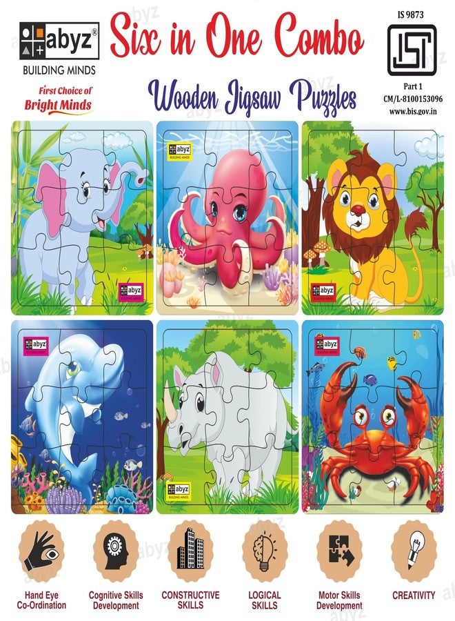 ABYZ Wooden Jigsaw Puzzle – Animals | Lion, Elephant, Rhinoceros, Crab, Octopus, Dolphin| Playset for Little Explorers - 9-Pieces & Pack of 3 | Birthday Gift for (3 Plus Years) Age Kids. - Image 3