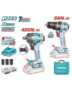 TOTAL TOTAL 20V Cordless 2 Pcs Brushless Combo Kit – Impact Drill (66Nm) & Impact Wrench (400Nm) with 47 Accessories, 2 Batteries, Charger & Case – Ideal for Drilling, Screwing, and Automotive Work  - Image 1