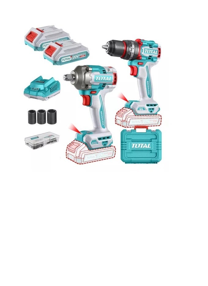 TOTAL TOTAL 20V Cordless 2 Pcs Brushless Combo Kit – Impact Drill (66Nm) & Impact Wrench (400Nm) with 47 Accessories, 2 Batteries, Charger & Case – Ideal for Drilling, Screwing, and Automotive Work  - Image 2