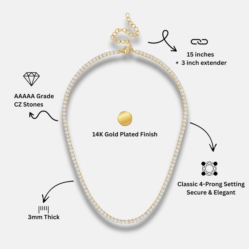 KISPER Tennis Necklace for Women 14K Yellow Gold Plated 3mm Cubic Zirconia Diamond Chain Adjustable 15-18" 4-Prong Setting Classic - Image 3