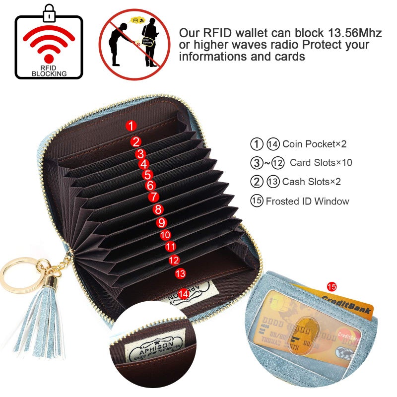 APHISON APHISON RFID Credit Card Holder Zipper Card Case Keychain Small Wallet for Women 1927 BLUE  - Image 3