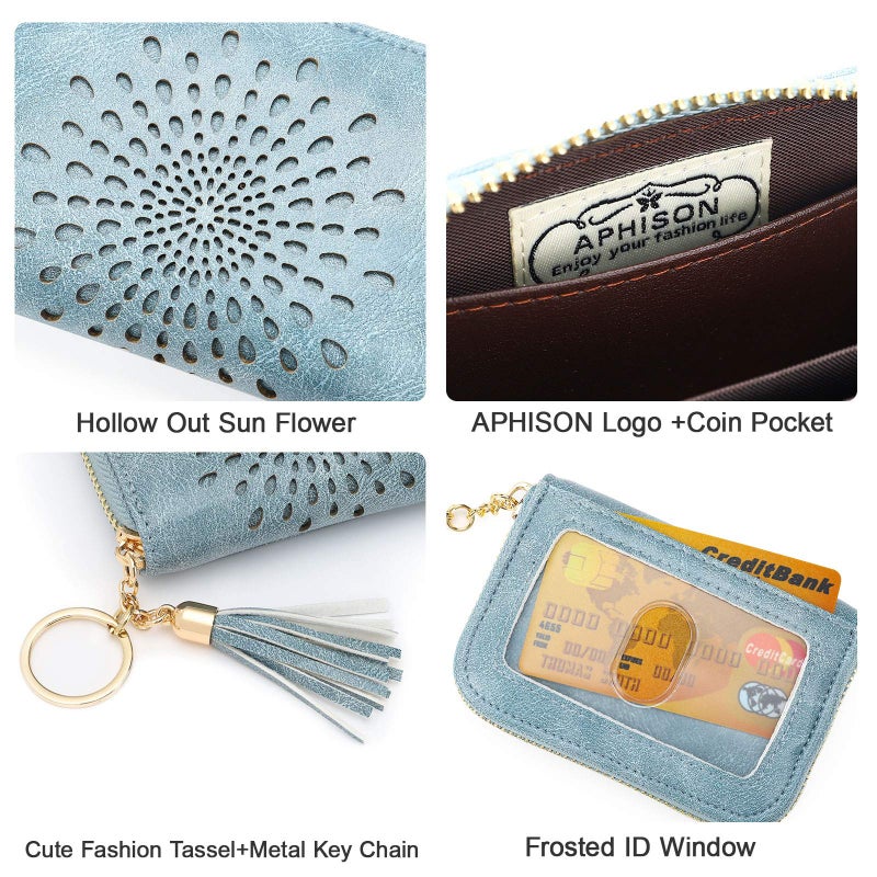 APHISON APHISON RFID Credit Card Holder Zipper Card Case Keychain Small Wallet for Women 1927 BLUE  - Image 4