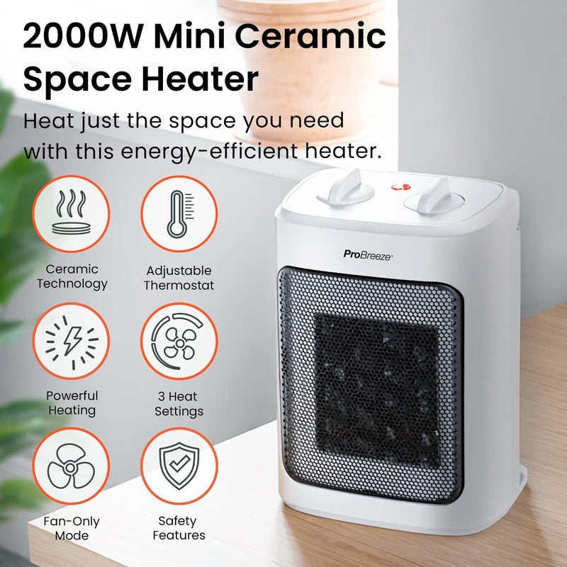 Pro Breeze 2000W Mini Ceramic Fan Heater - 3 Heat Settings and Fan Only Mode with Built-in Overheat and Tip Protection, Electric Heater for - Image 2