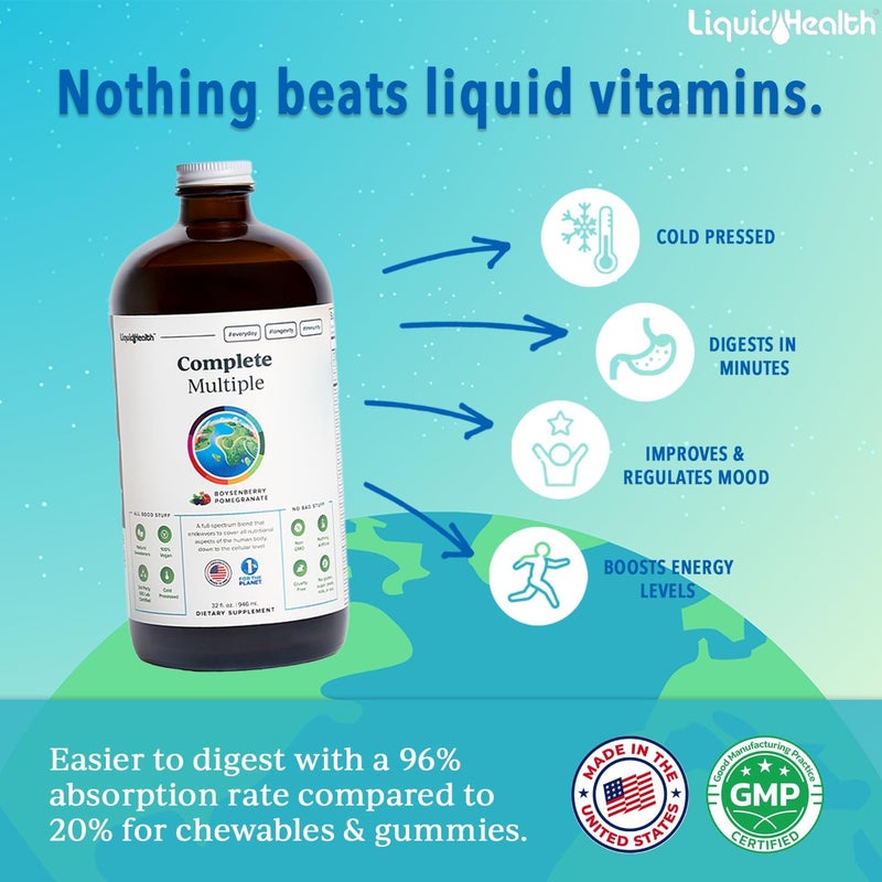 LIQUIDHEALTH فيتامينات متعددة سائلة للبالغين من ليكود هيلث - فيتامينات أساسية مع معادن ومغذيات لدعم المناعة وصحة الأمعاء والطاقة - 32 أونصة، مصنوعة في الولايات المتحدة، نباتية، غير معدلة وراثيًا، خالية من السكر - Image 2