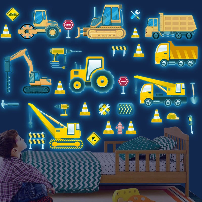 Chicco Glow in The Dark Construction Vehicles Wall Stickers Transport Cars Theme Fluorescent Stickers Peel and Stick Road Signs Truck Wall Art Decals for Kids Boys Bedroom Playroom Baby Nursery Blue - Image 1