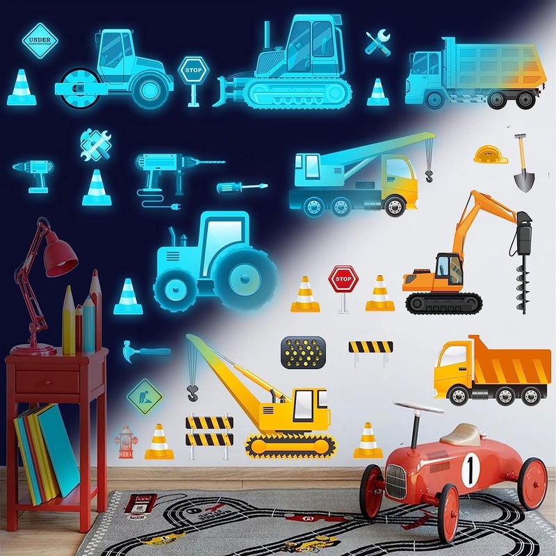Chicco Glow in The Dark Construction Vehicles Wall Stickers Transport Cars Theme Fluorescent Stickers Peel and Stick Road Signs Truck Wall Art Decals for Kids Boys Bedroom Playroom Baby Nursery Blue - Image 2