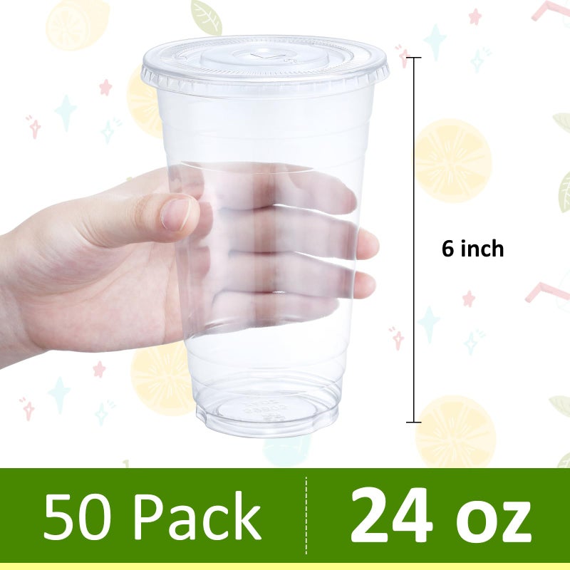 Eupako 24 oz Plastic Cups with Lids  Clear Disposable To Go Cups with Lids for Iced Coffee  Cold Drinks  Smoothies  Bubble Boba  50 Sets - Image 2