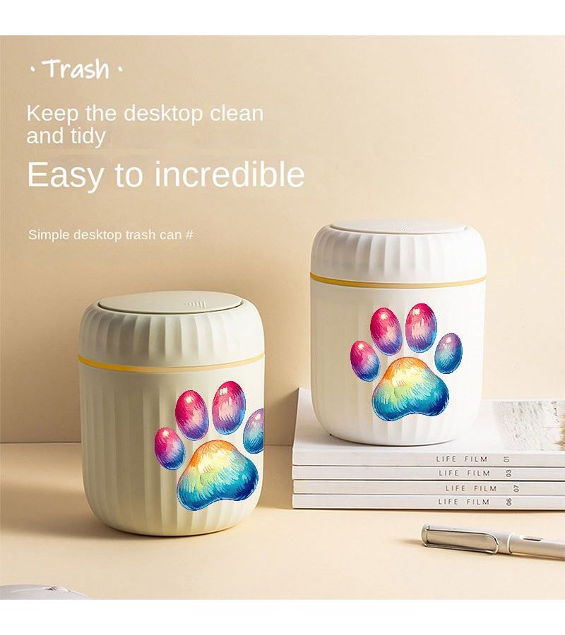 White Mini Desktop Trash Can with Cat Paw Print for Christmas Home Car Office Use - Image 1