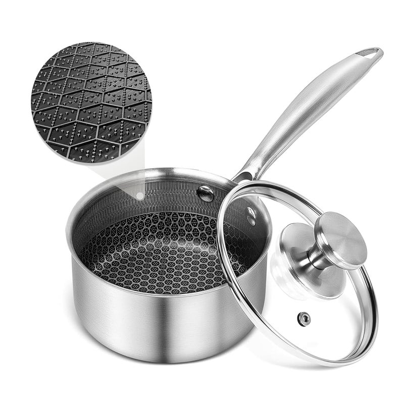 HaRvic HaRvic Honeycomb Stainless Steel Sauce Pan with Glass Lid Induction Sauce Pan Steel Tri Ply Tea Coffee Pan Milk PanPot PFOAFree Biryani PotRice Pot Dishwasher Safe Steel Sauce Pan 18cm  - Image 1