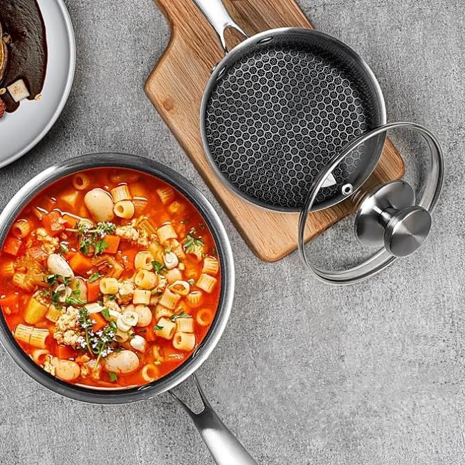 HaRvic HaRvic Honeycomb Stainless Steel Sauce Pan with Glass Lid Induction Sauce Pan Steel Tri Ply Tea Coffee Pan Milk PanPot PFOAFree Biryani PotRice Pot Dishwasher Safe Steel Sauce Pan 18cm  - Image 5