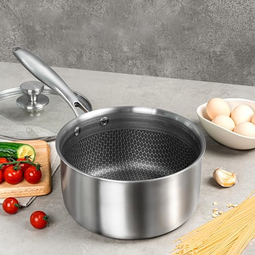 HaRvic HaRvic Honeycomb Stainless Steel Sauce Pan with Glass Lid Induction Sauce Pan Steel Tri Ply Tea Coffee Pan Milk PanPot PFOAFree Biryani PotRice Pot Dishwasher Safe Steel Sauce Pan 18cm  - Image 2