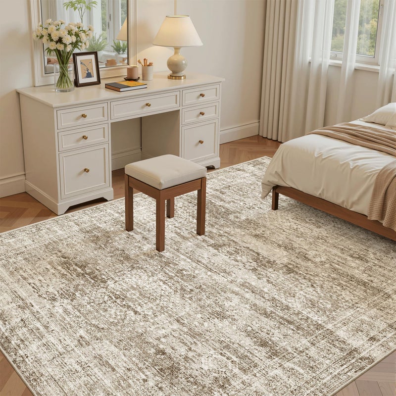 Soalmost 5x7 Area Rugs Brown Low Pile Indoor Washable Trendy Faded Style Rugs for Bedroom Living Room Dining Room Foldable Non-Slip Thin Print Mat - Image 4